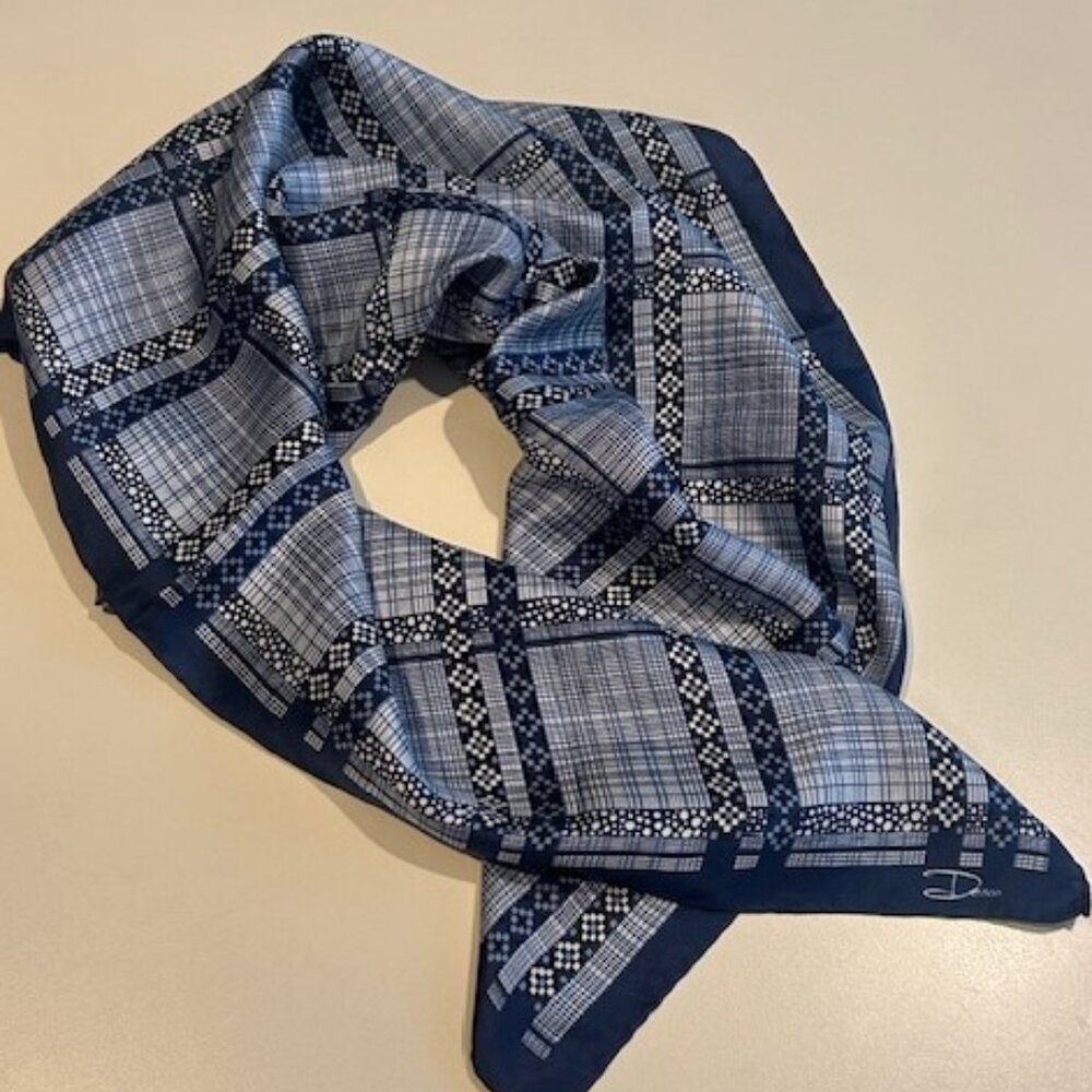 DESCO 100% Silk Blue White Striped Square SCARF - Picture 3 of 7